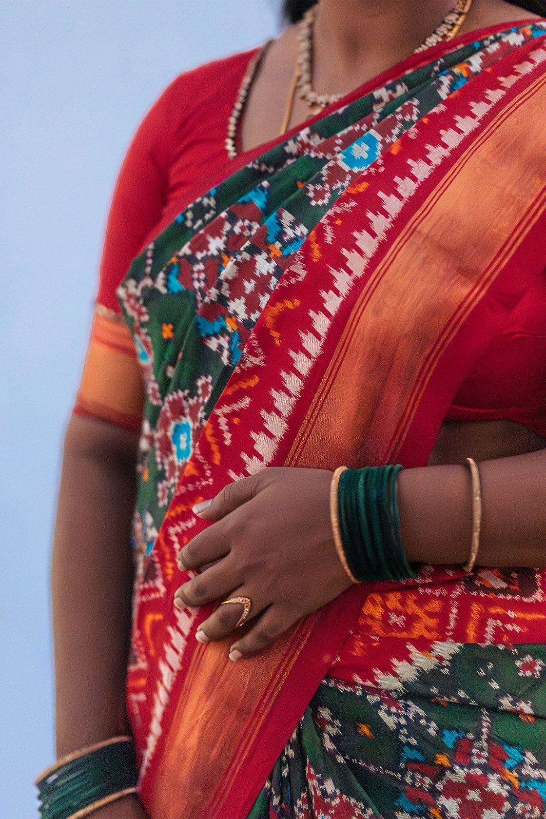 Nayika Nartan – Ruby Green Pochampally Ikat Saree - Image 3