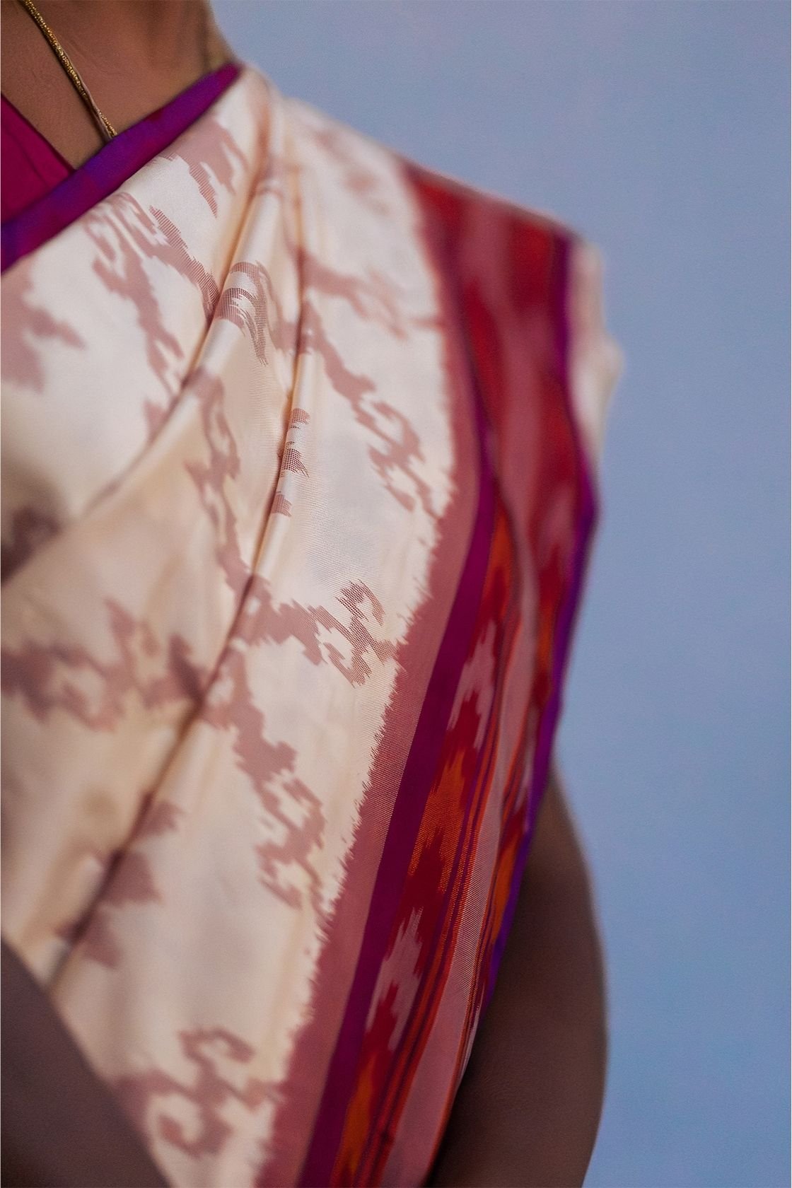 Eternal Ivory Ikat Saree in Wine-Trimmed Weave - Image 3