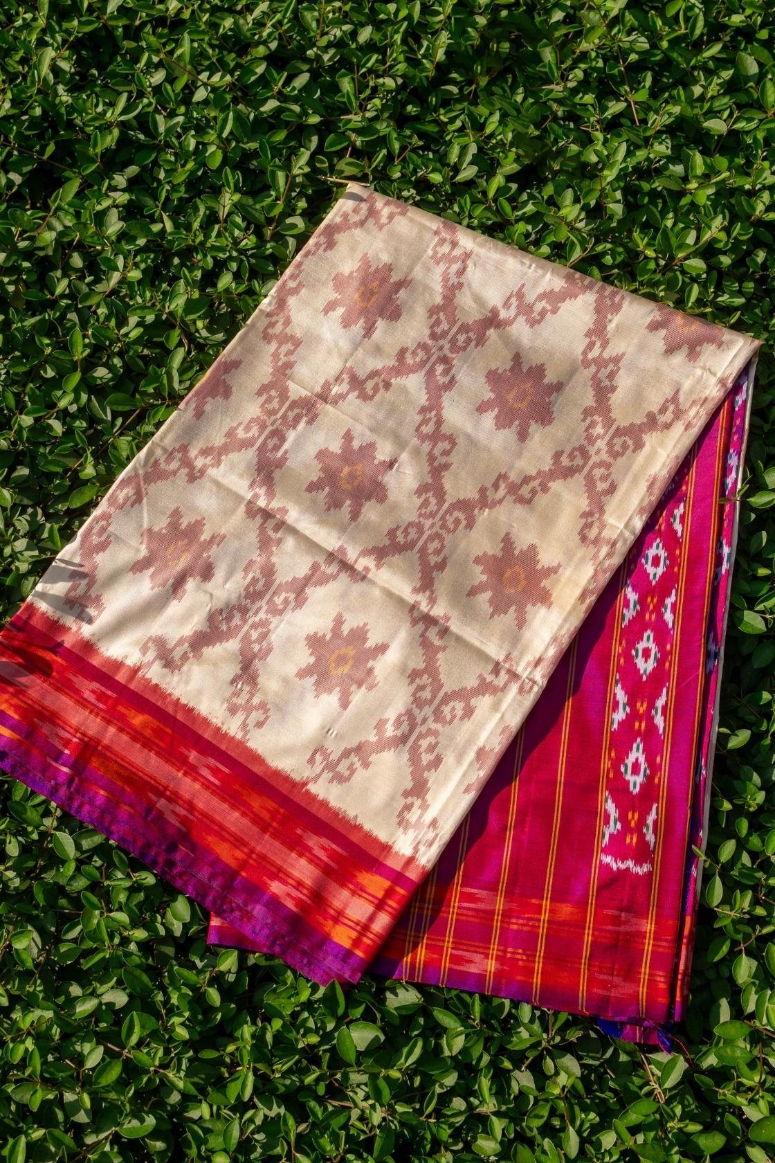 Eternal Ivory Ikat Saree in Wine-Trimmed Weave - Image 6