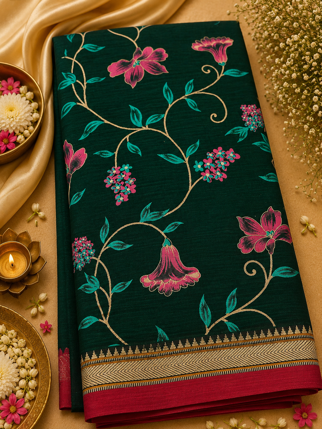 Emerald Bloom – Handwoven Narayanpet Cotton Saree - Image 3