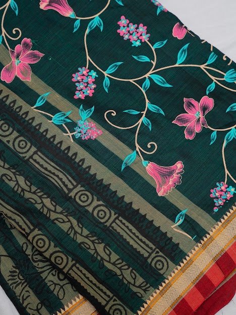 Emerald Bloom – Handwoven Narayanpet Cotton Saree - Image 4
