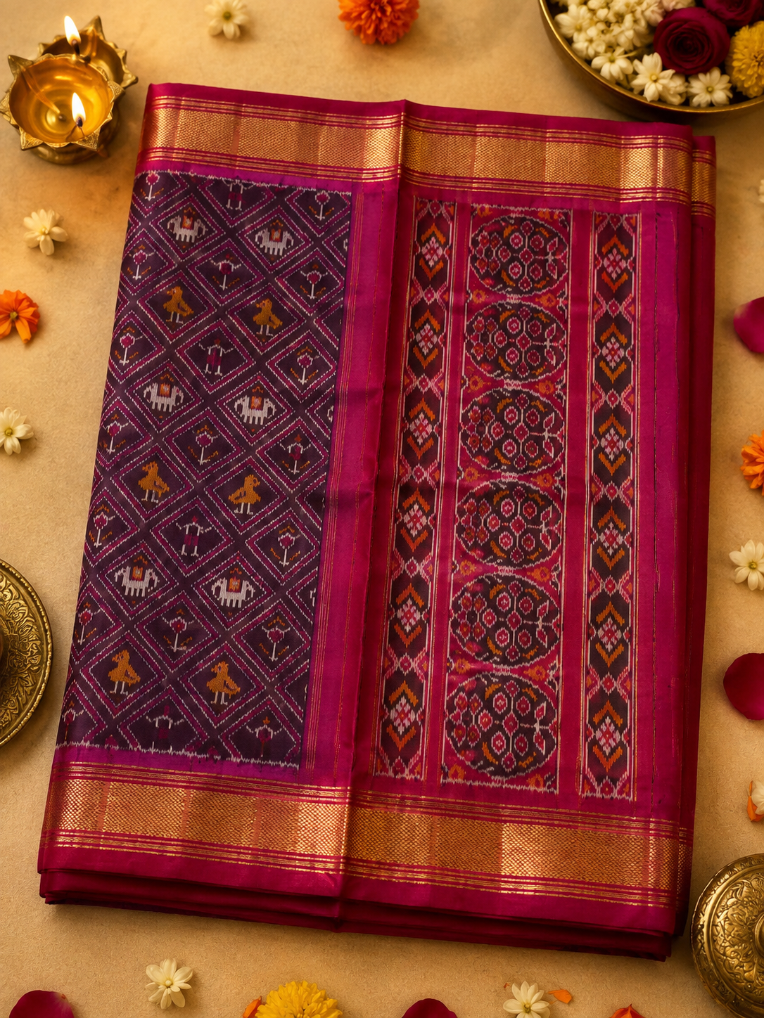 Rajshree Grape-Handwoven Pochampally Ikat Silk Saree - Image 2