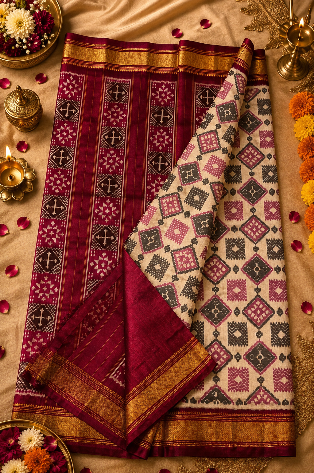 Rajnigandha Ivory-Handwoven Pochampally Ikat Silk Saree - Image 3