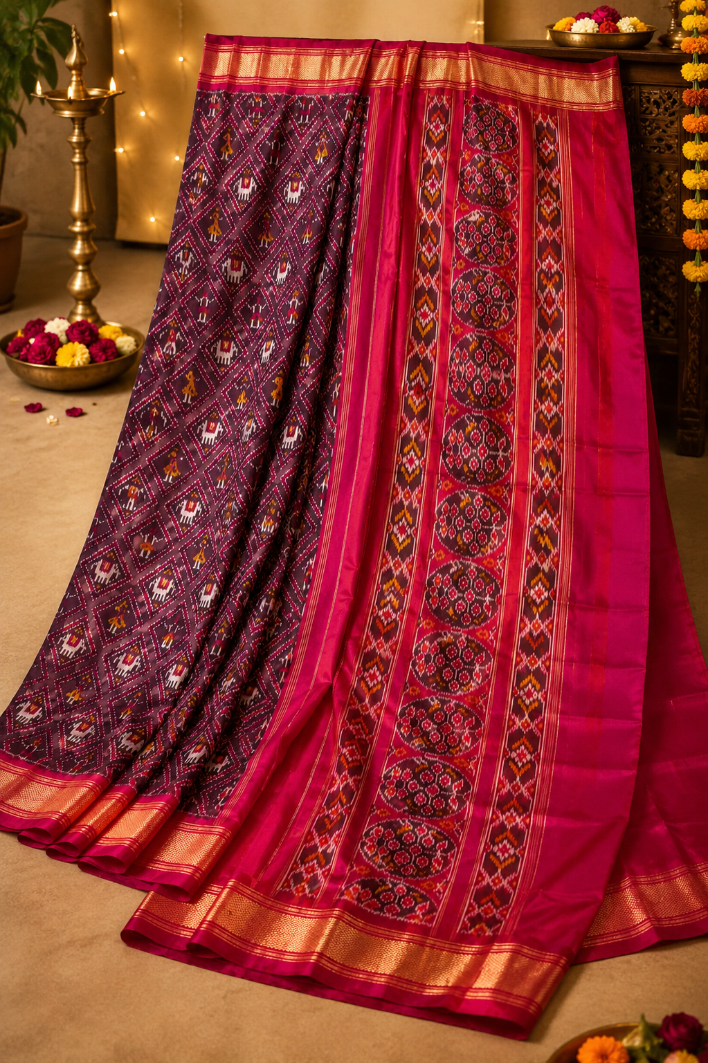Rajshree Grape-Handwoven Pochampally Ikat Silk Saree - Image 3